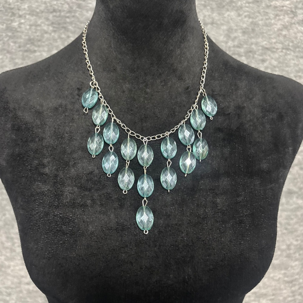 Teal Blue Faceted Oval Bead Bib Statement Necklace Silver‎ Tone Adjustable Chain